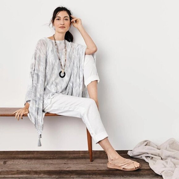 J.Jill Pure Jill Watercolor Ikat Silver Sweater Poncho Linen Blend One Size READ - Picture 1 of 11